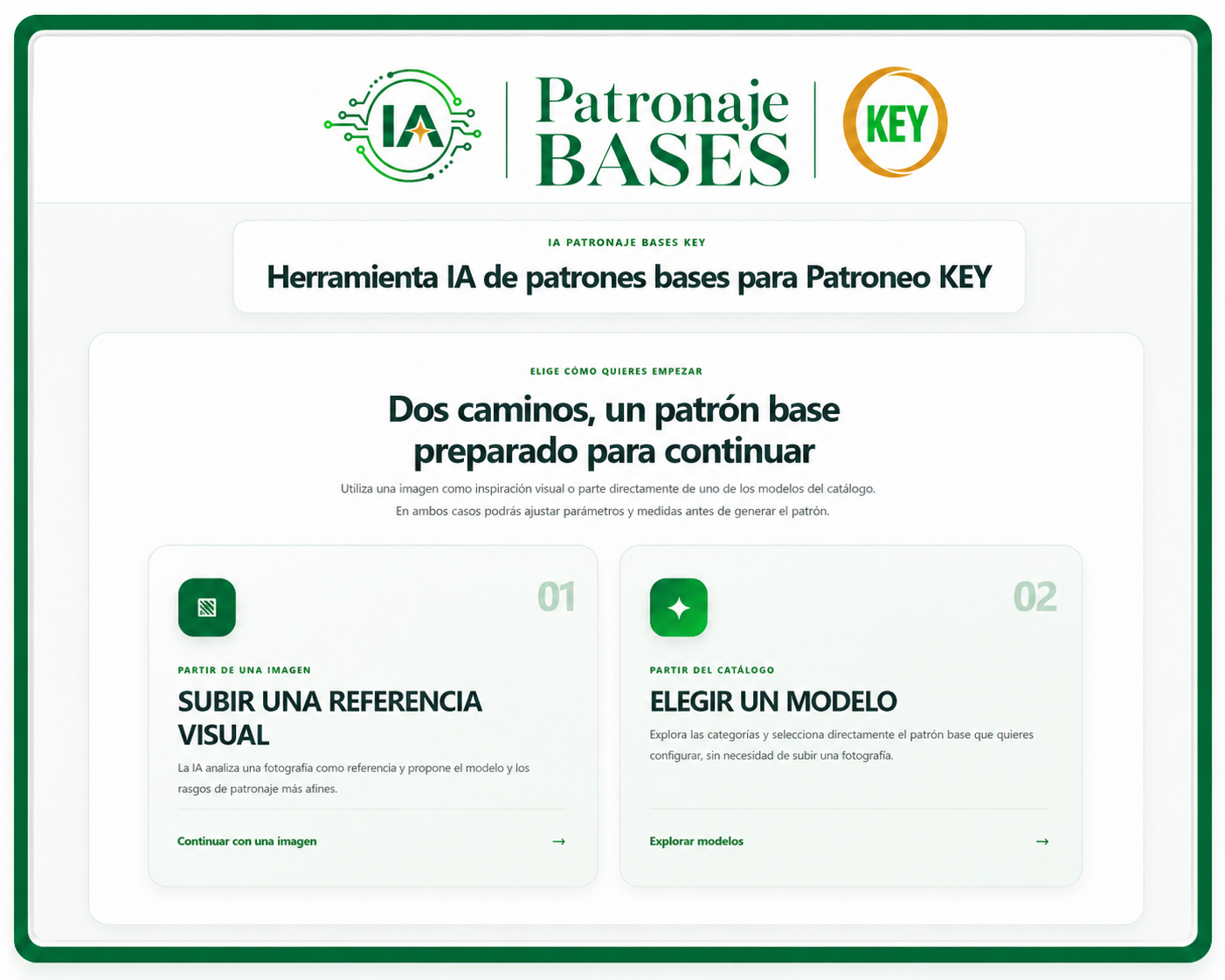 Captura principal de la aplicación IA Patronaje Bases KEY con dos caminos de entrada: subir una referencia visual o elegir un modelo.