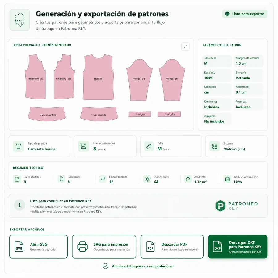 Generación vectorial y exportación de patrones en SVG, PDF y DXF